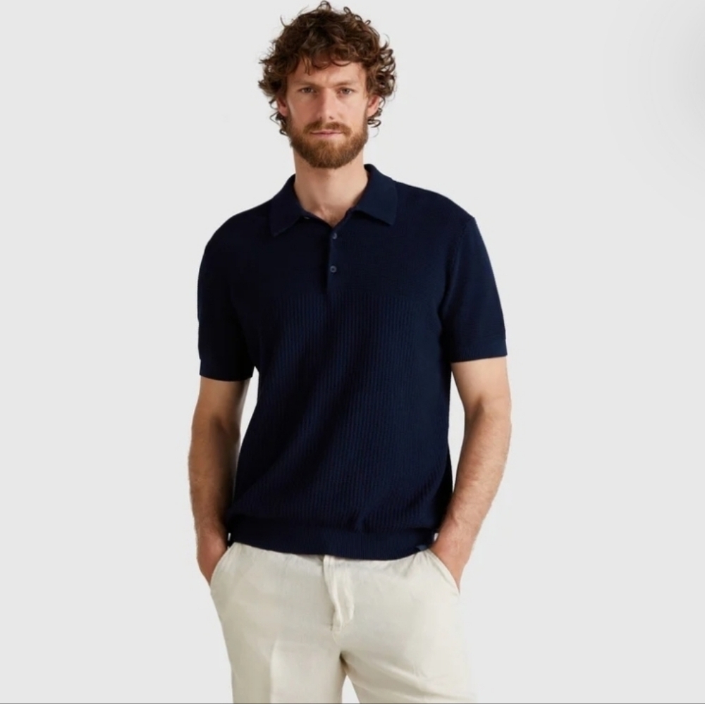 United Colors Of Benetton Knit Polo Shirt Navy Blue Size L